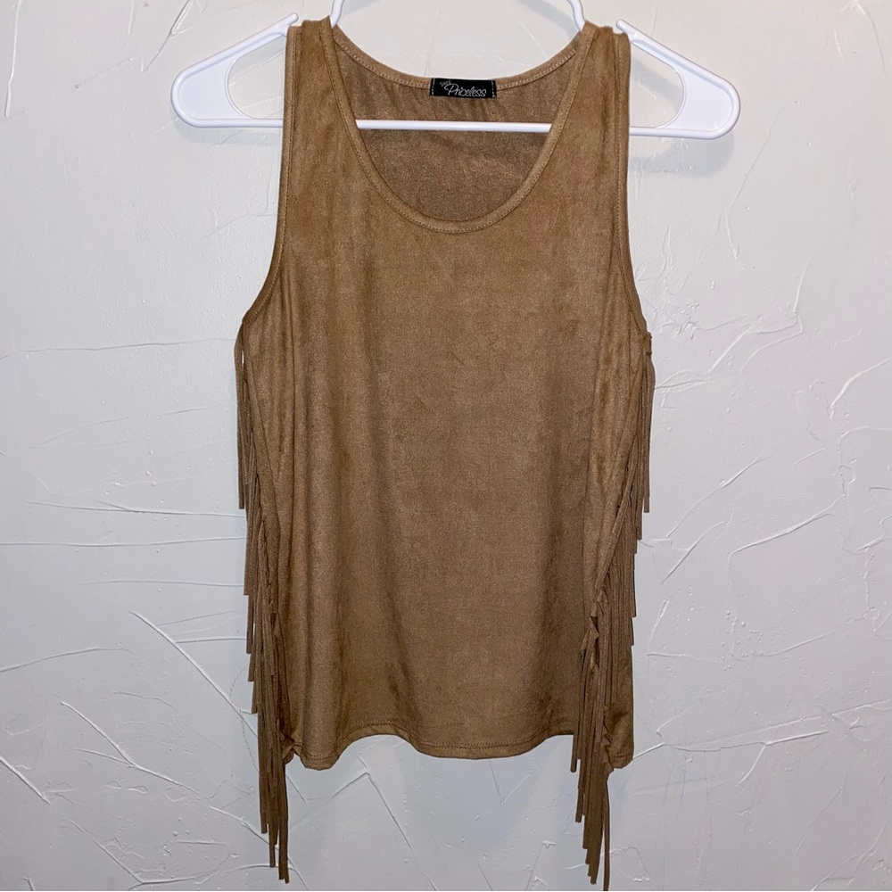 Tan suede like top with fringe